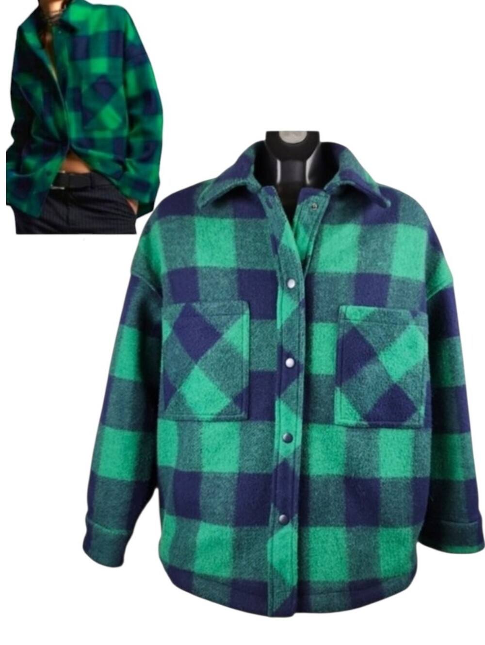 Zara Womens Oversized Plaid Lumberjack Shacket Flannel Snap Jacket Green Blue S